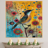 Playful Painting of a Colorful Bird with Patterned Feathers Surrounded by Bright Abstract Flowers and Dots Perfect for Nature Inspired or Modern Artistic Spaces on Ready to Hang 1.5" Thick Canvas Wrap, Floating Framed Canvas, Flat Rolled Canvas